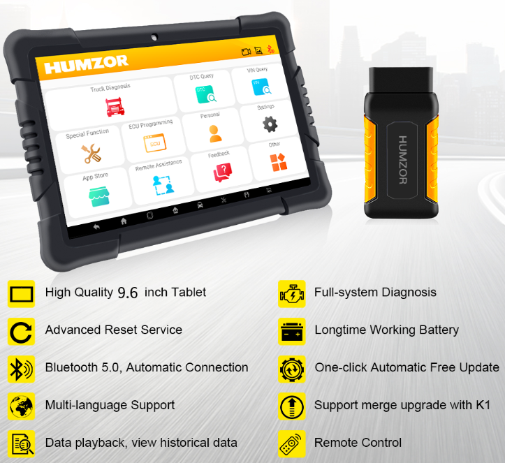 Humzor ND566E Truck Scanner BT5.0 Special Functions Vehicle Heavy Truck Diagnostic Tools With Rugged Tablet