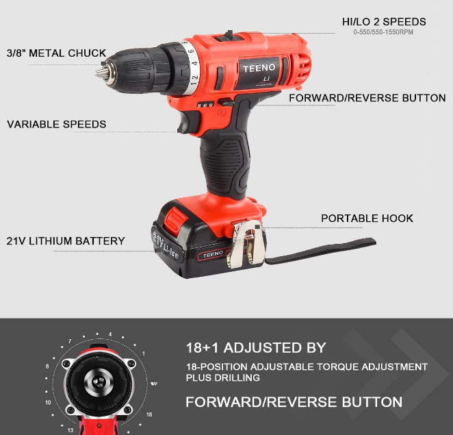 Perceuse Visseuse Sans Fil TEENO PSR 21V+ 2 Batteries Lithium + 41 Accessoires+ Gants Professionnels